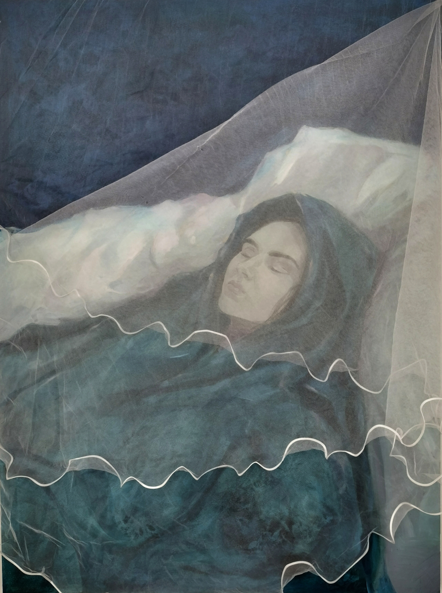 Alexandra Pradidová: Svätý sentiment, 2023, kombinovaná technika: olej na plátne a interaktívny závoj, 100x135 cm (foto: archív Alexandra Pradidová)