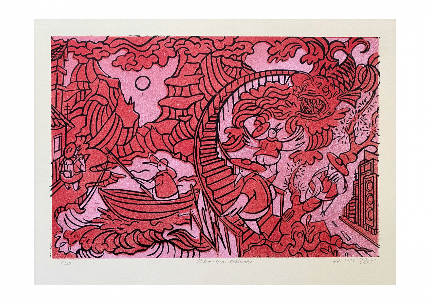 Barbora Lovíšková: Kiko, 2021, linoryt a akrylový sprej, 42x29,7 cm (foto: archív Barbora Lovíšková)
