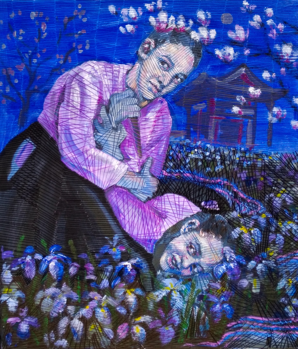 Nikyo, 2020, kombinovaná technika šitia a maľby (akryl, bavlna) na plátne, 150x130 cm (foto: archív Dominika Brečková)