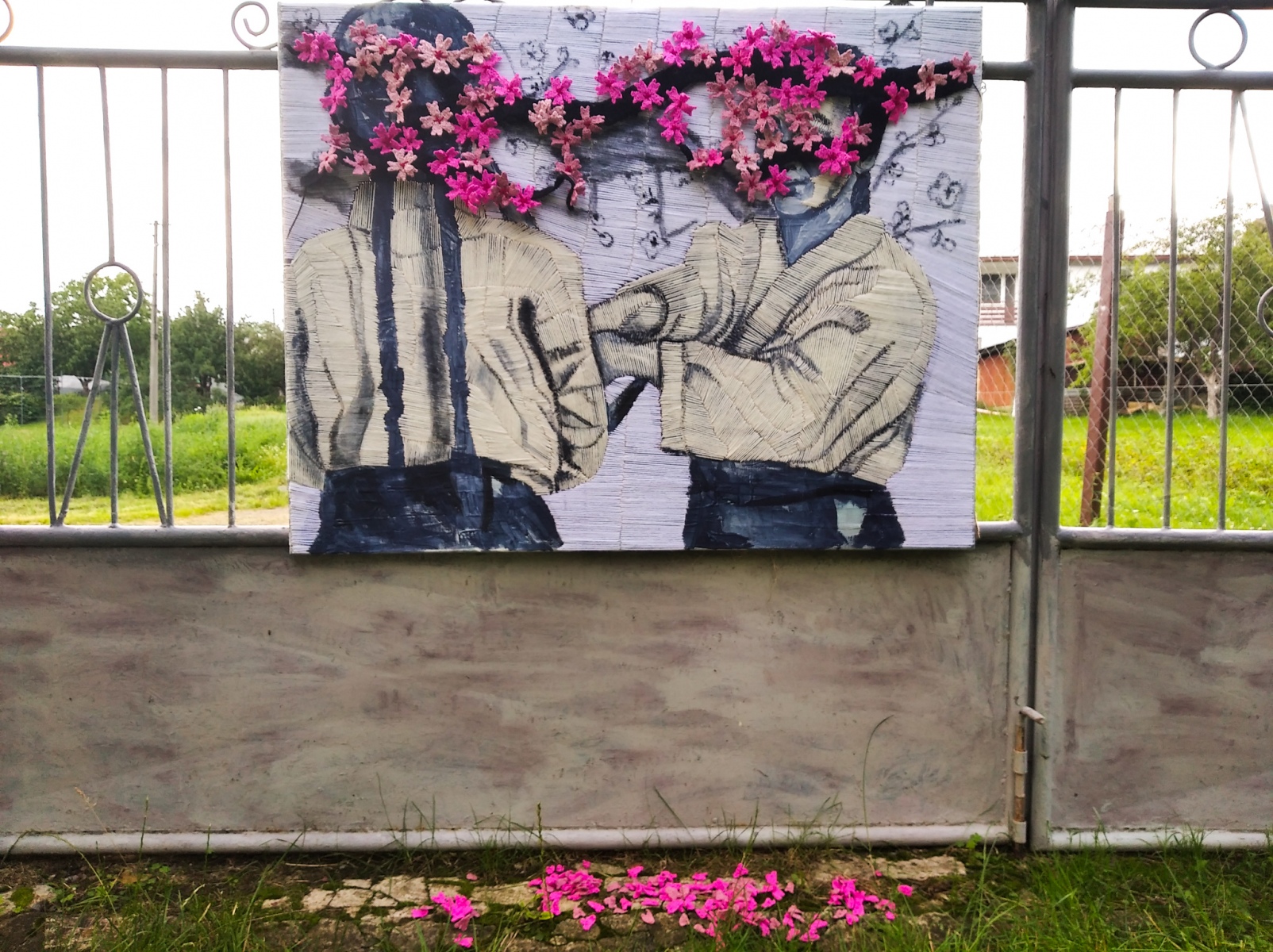 Blossoms heads, 2020, kombinovaná technika šitia a maľby (akryl, bavlna) na plátne, 120x80 cm (foto: archív Dominika Brečková)
