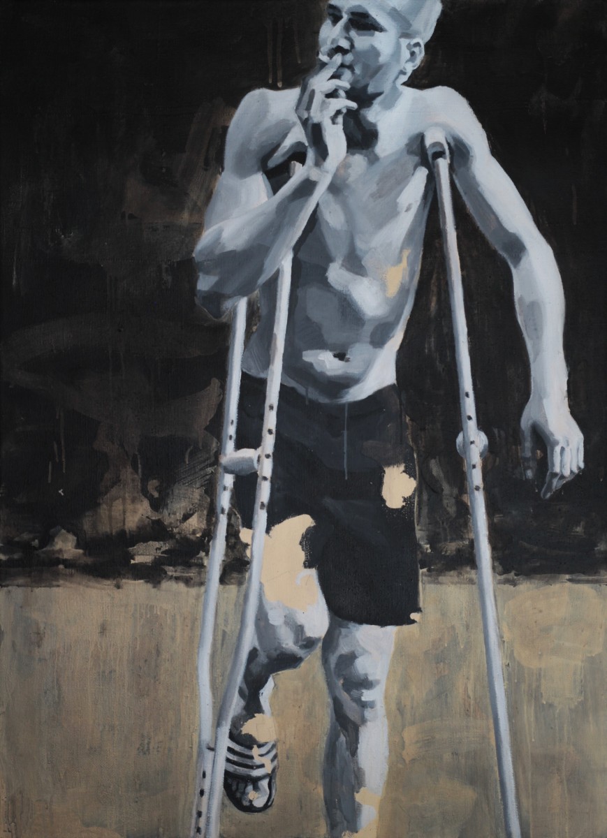 Súčasnosť, 2017, akryl,  jutovina, 110x150 cm, z cyklu Narušená symbióza (foto: archív Roman Ďurček)