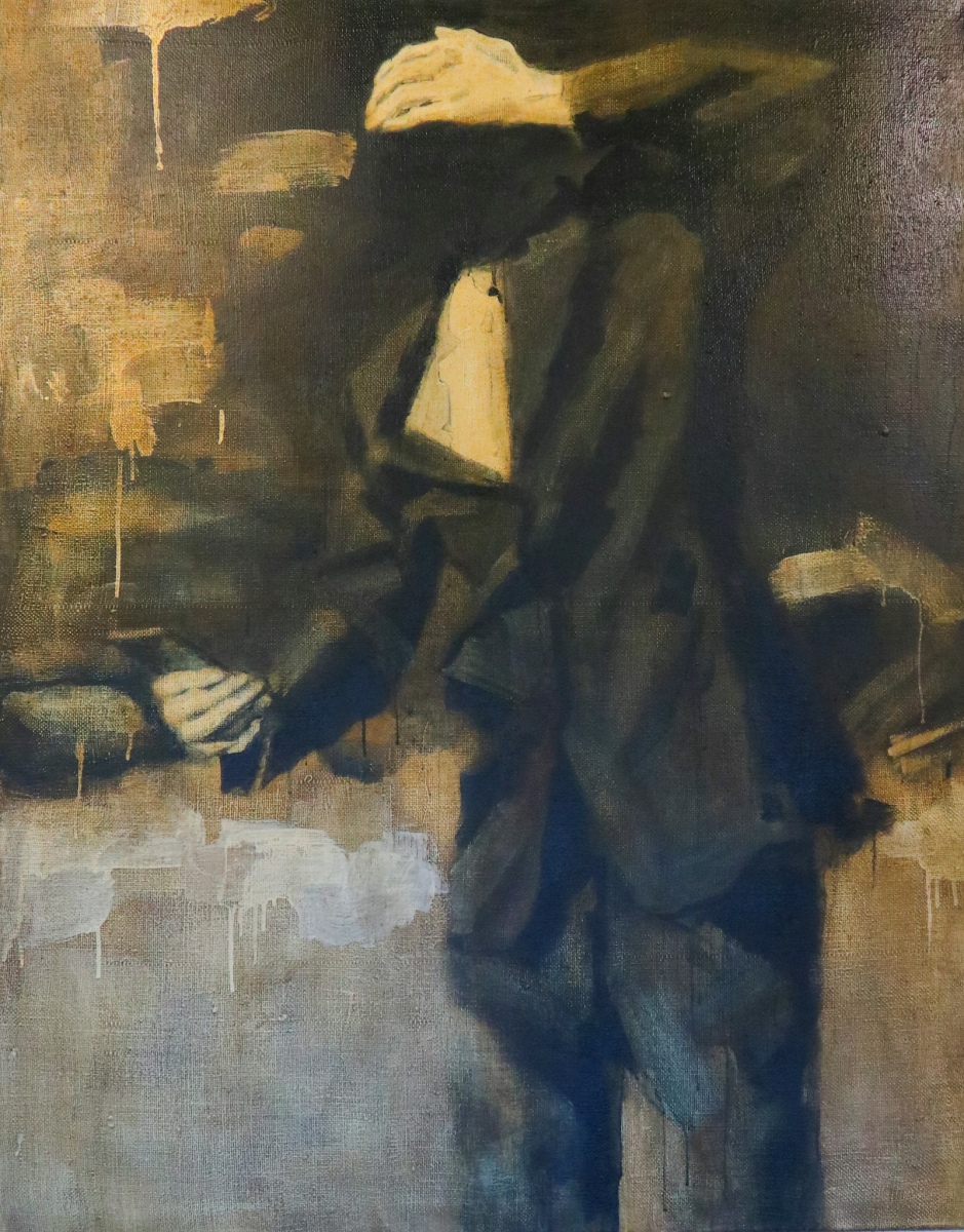 Komunikácia, 2017, akryl na jutovine, 110x140 cm, z cyklu Narušená symbióza.  (foto: KUNSTARTUM )