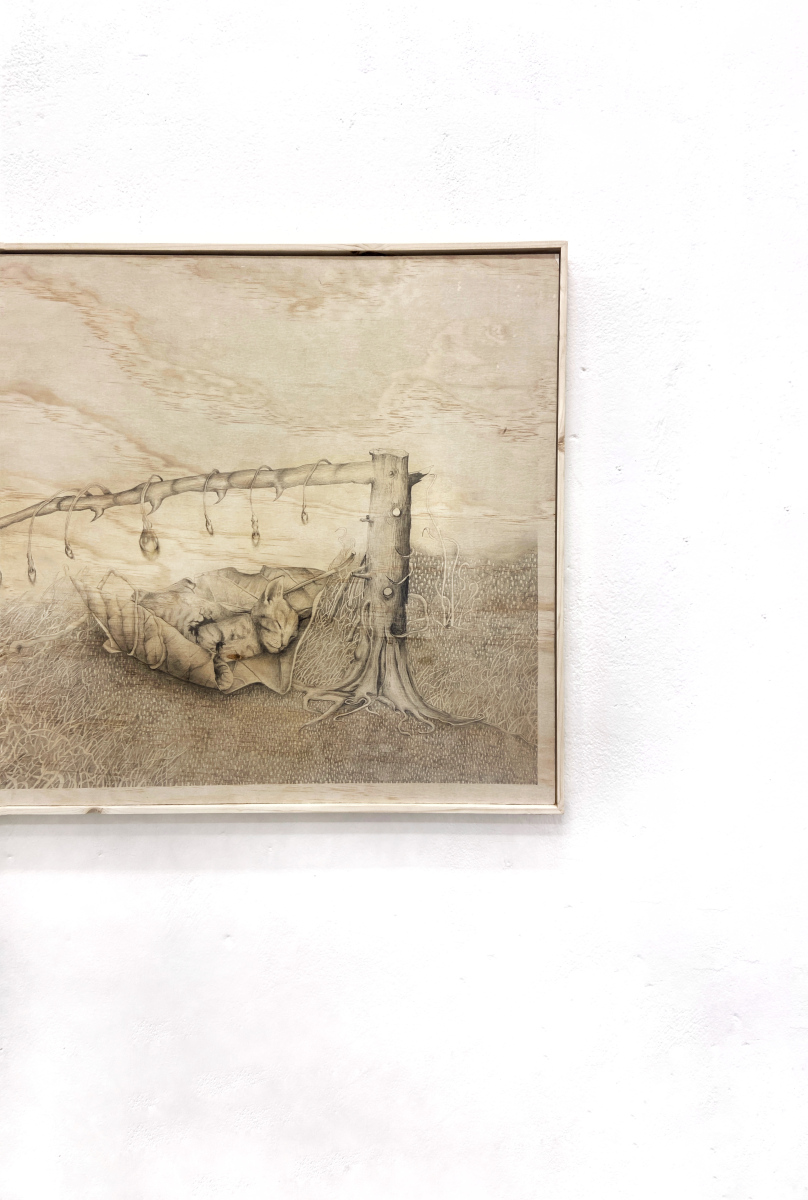 Iva Davidová: Consciousness is a curse in disguise, 2024, kresba na drevenej doske – detail, Galerie FaVU, Brno (foto: Polina Davydenko)