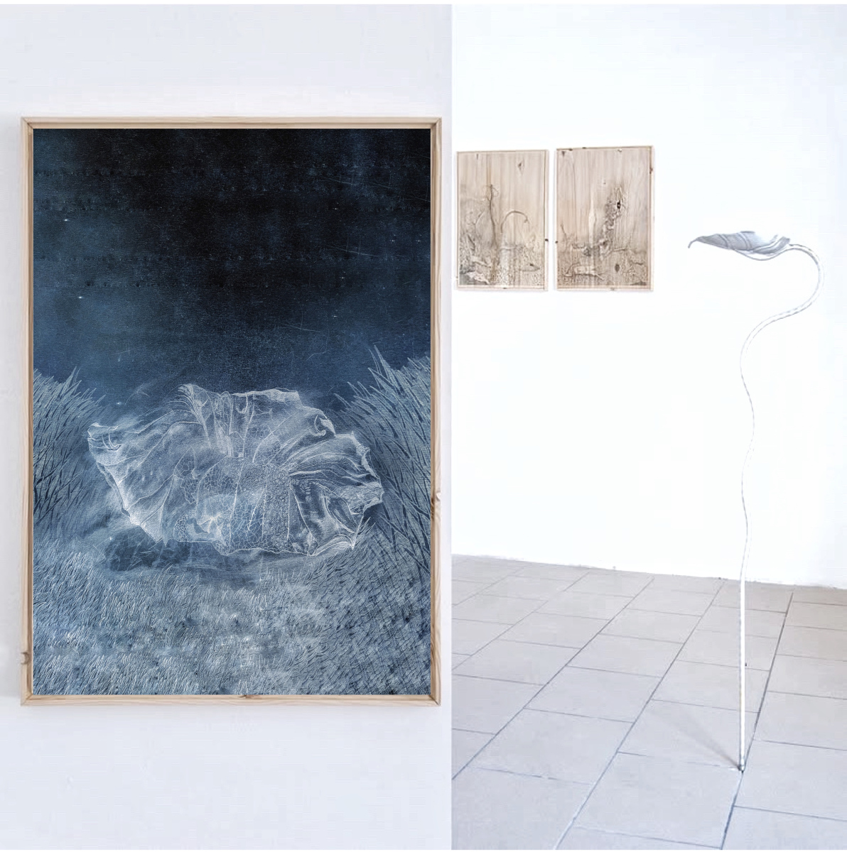 Vľavo: Iva Davidová: Watching The Leaves Fall Wishing I Could Do The Same…, 2025, kresba, 28x57 cm; vpravo: Z výstavy Iva Davidová: Breathing Hard at the Pastures, 2024, kovová inštalácia, Zaazrak Dornych, Brno. Výstava bola zároveň priestorom obhajoby bakalárskej práce Ivy Davidovej. (foto: archív Iva Davidová)