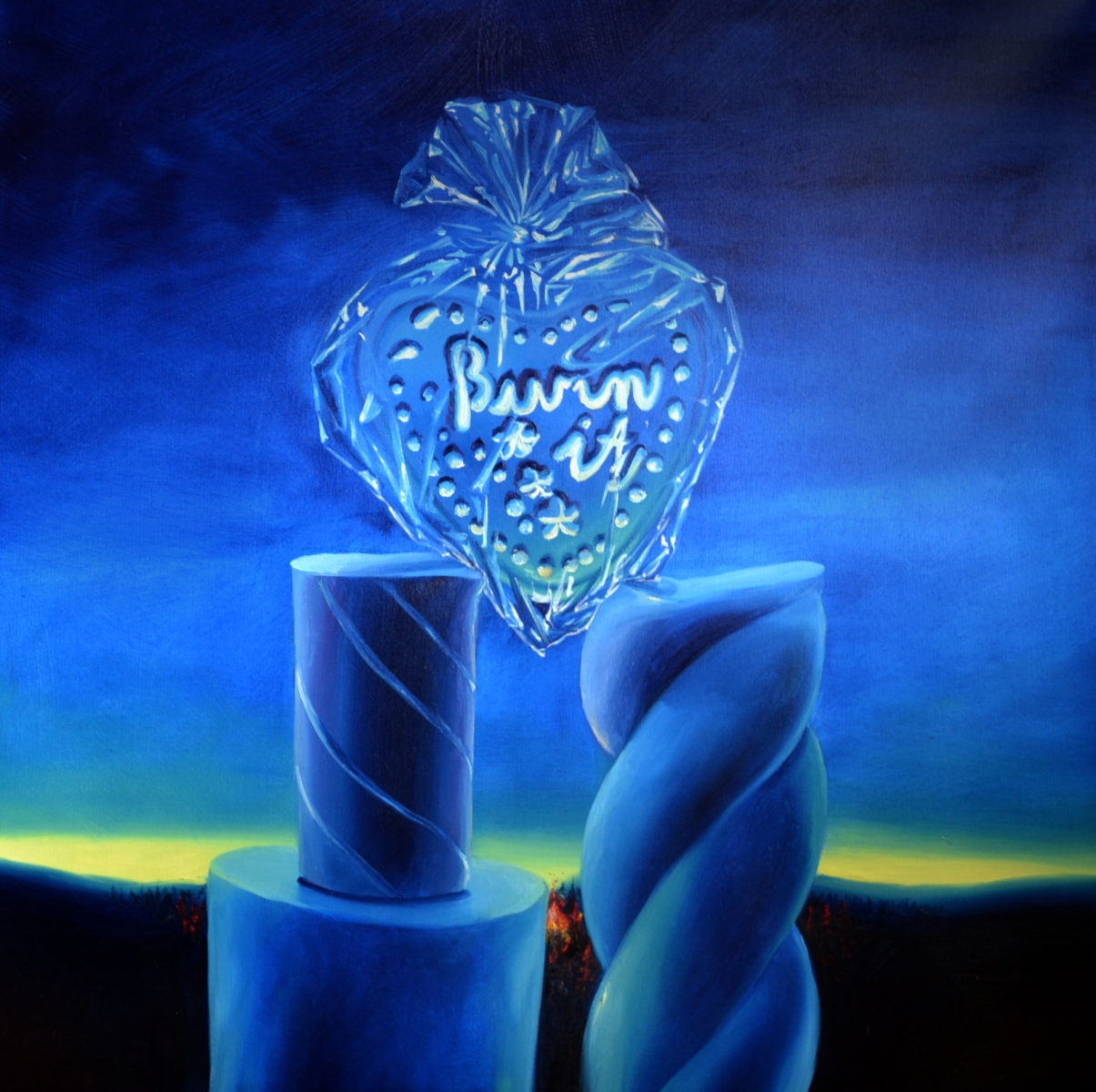 Burn it!, 2021, olej na plátne, 100x100 cm, zo série O povrchnosti (foto: archív Klára Sedlo)