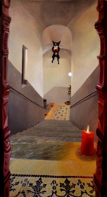 Příchod návštěvy, 2017, olej na plátne, 75x140 cm, zo série Exteriér vnitřku (foto: archív Klára Sedlo)