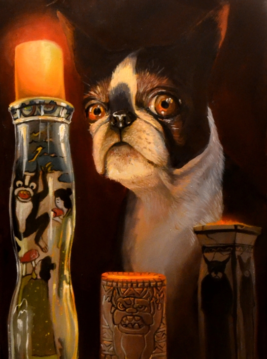 Její příchod byl předpovězen dávnými mýty, 2019, olej na plátne, 55x70 cm, zo série  „Bugsy the Evil“ (foto: archív Klára Sedlo)