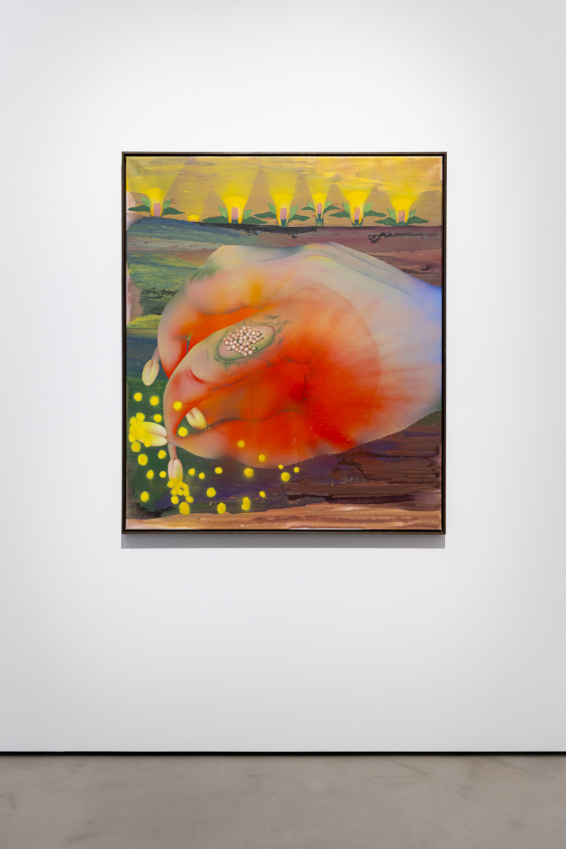 Kristína Bukovčáková: Opeľovač, 2023, akryl na plátne, 110x130 cm. Z výstavy Opeľovačov sen, 2024, Comma Gallery, Bratislava (foto: Adam Šakový)