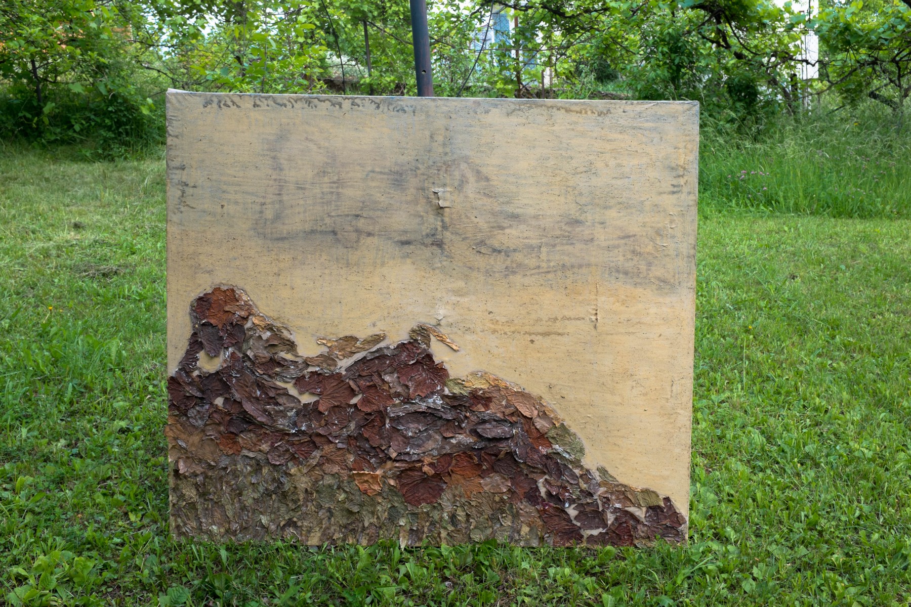 Bez názvu, 2018, výluh zo slezu lekárskeho, hlina, listy lepené odpadovou želatínou a múkou na papieri, cca 130x80 cm (foto: Martin Deči)