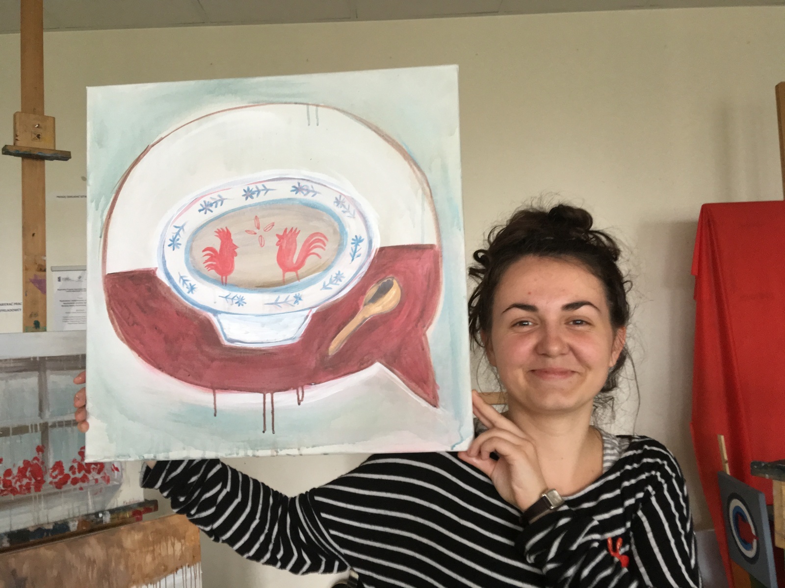 Folk Summer School, 2019, letný workshop v Katowiciach, Poľsko. Projekt bol organizovaný cez fond V4. Počas workshopu sa pracovalo s ľudovou tematikou. Michaela vytvorila pár ilustrácií, monotypie. (foto: Alžbeta Mandúchová)