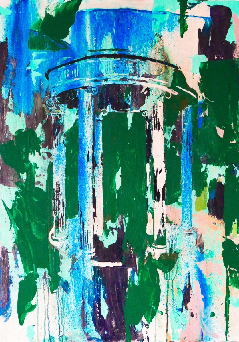 Antique temple, 2017, kombinovaná technika na plátne, 70x100 cm (foto: archív Miriama Schniererová)