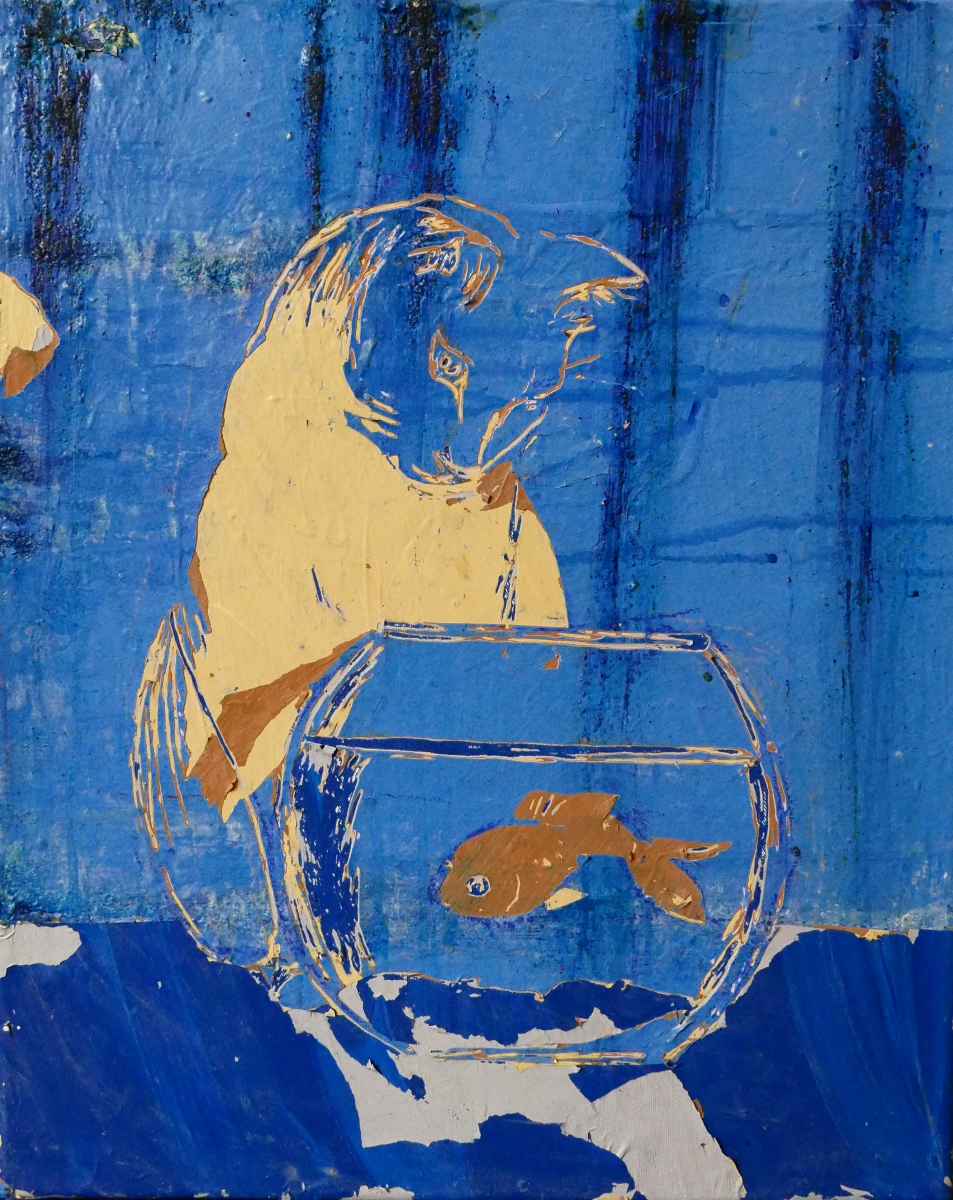 Cat with fish, 2018, akryl a vosk na plátne, 40x60 cm (foto: archív Miriama Schniererová)