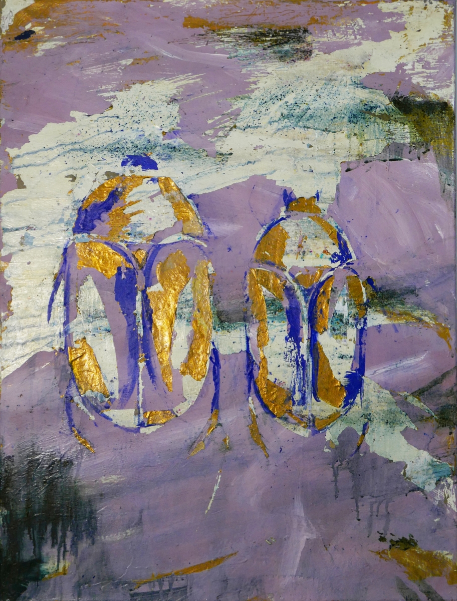 Sacred beetles, 2019, kombinovaná technika na plátne, 60x80 cm (foto: archív Miriama Schniererová)