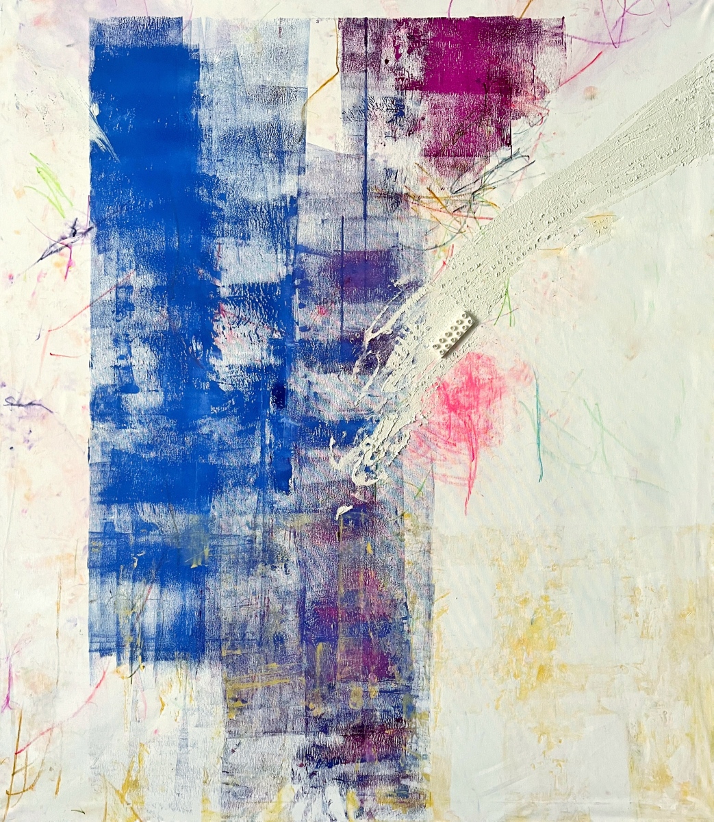 Childhood, 2021, kombinovaná technika na plátne, 140x160 cm (foto: archív Miriama Schniererová)