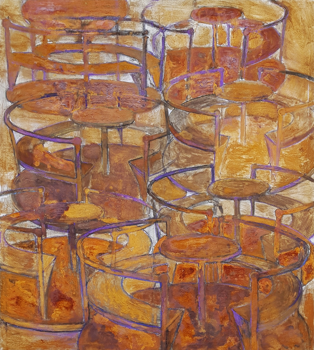 KRUHY, 2020, hrdza a pastel na plátne, 180 x 200 cm, zo série malieb POST ŠTRUKTÚRA (foto: archív Natália Šimonová)
