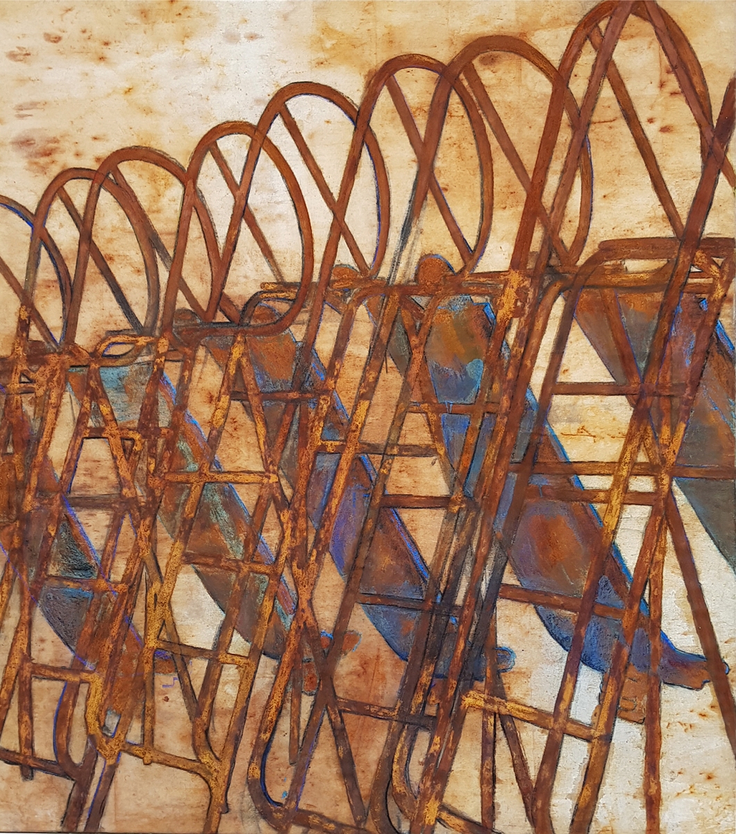 ŠMÝKAČKY, 2020, hrdza, akryl a pastel na plátne, 180 x 200 cm, zo série malieb POST ŠTRUKTÚRA (foto: archív Natália Šimonová)