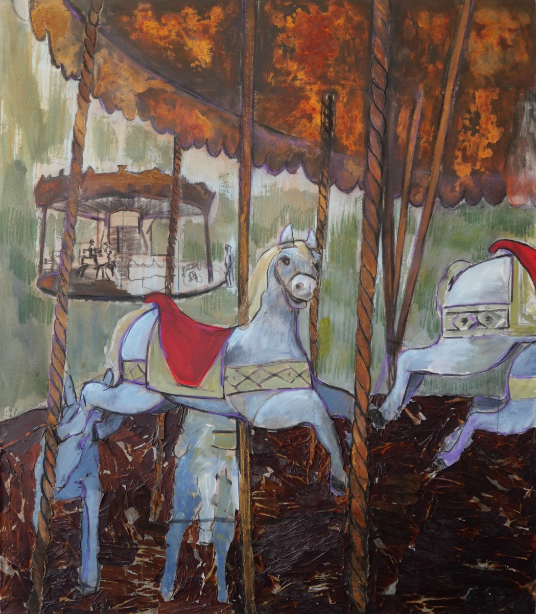 Karusel, 2021, hrdza, akryl a pastel na plátne, 165 x 190 cm (foto: archív Natália Šimonová)