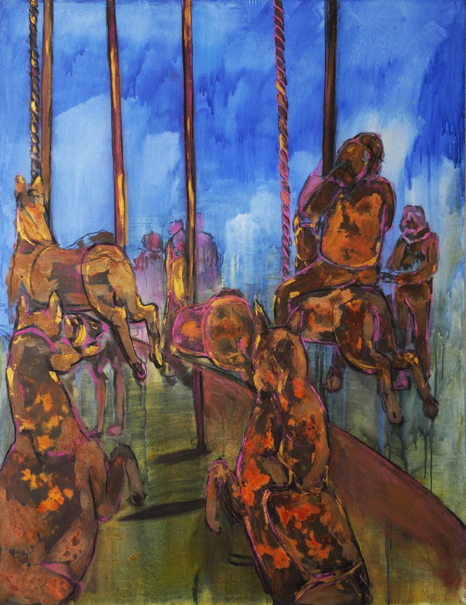 Johana na koňovi, 2021, hrdza, akryl a pastel na plátne, 140 x 180 cm (foto: archív Natália Šimonová)