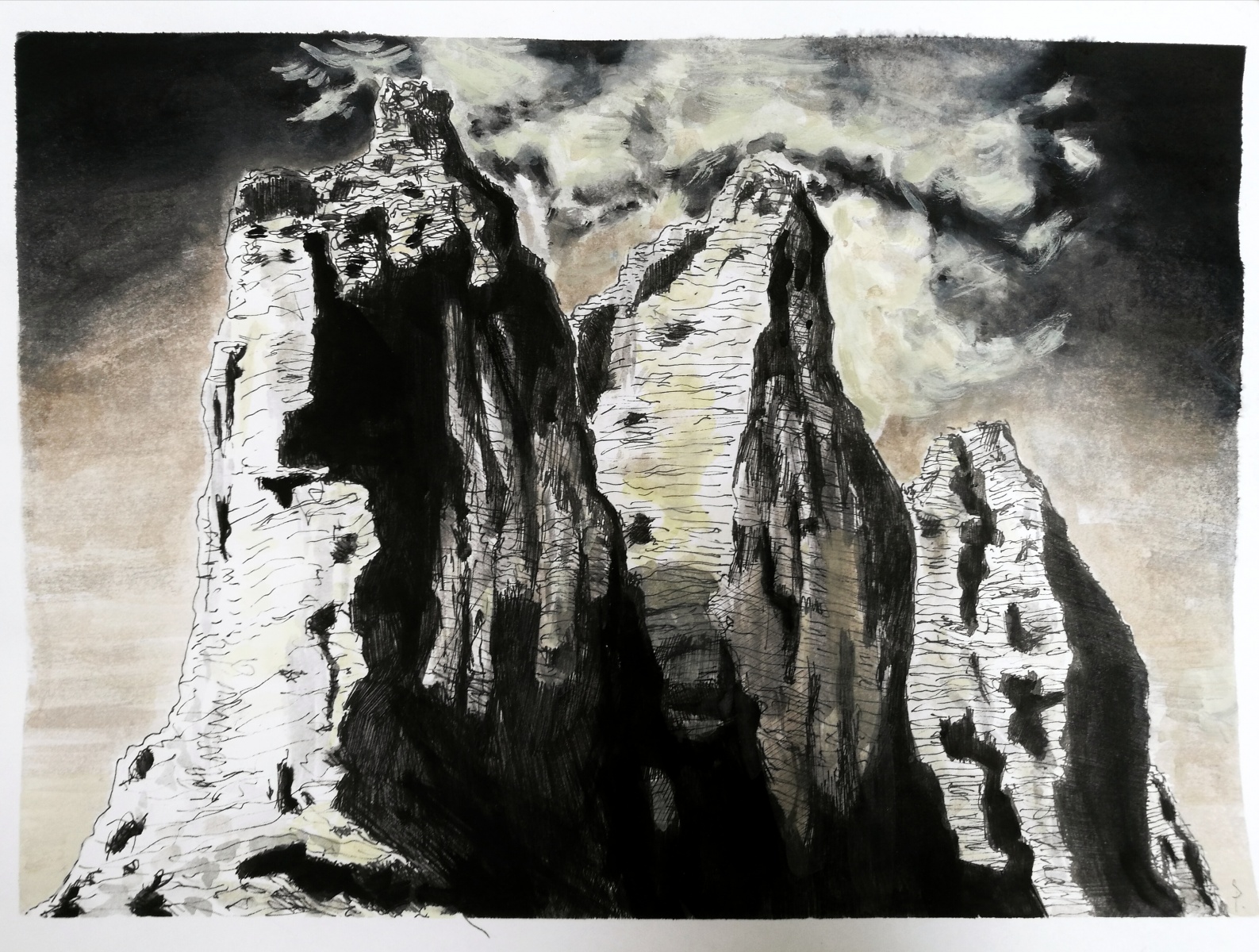 Tre Cime, 2020, kombinovaná technika akvarel a fixka na papieri, 29,7x21 cm (foto: archív Peter Kováč)