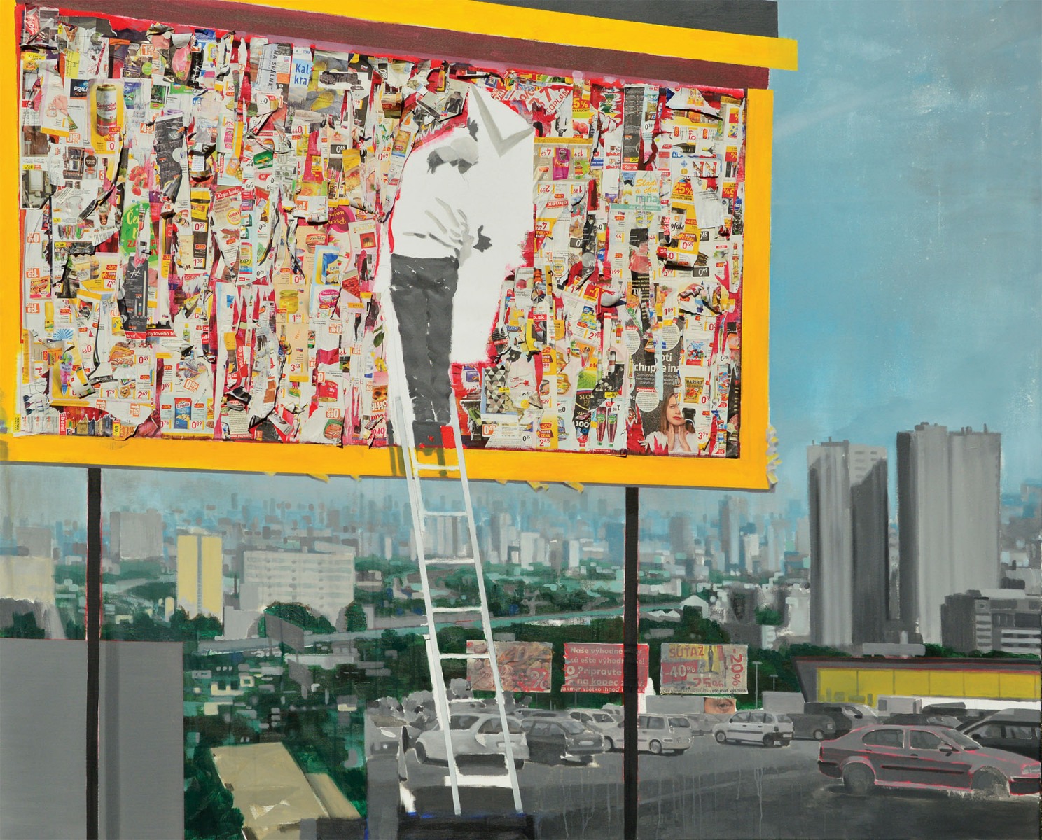 Bežný život, 2019, akryl na plátne/dekoláž, 200x160cm (foto: archív Miroslav Sandanus)