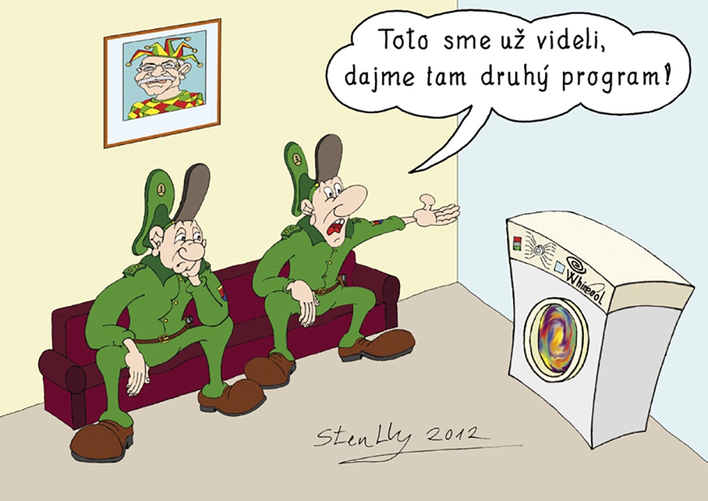Poldové a práčka, 2012, kreslený vtip – digitálna kresba (foto: archív Stanislav Remeselník)