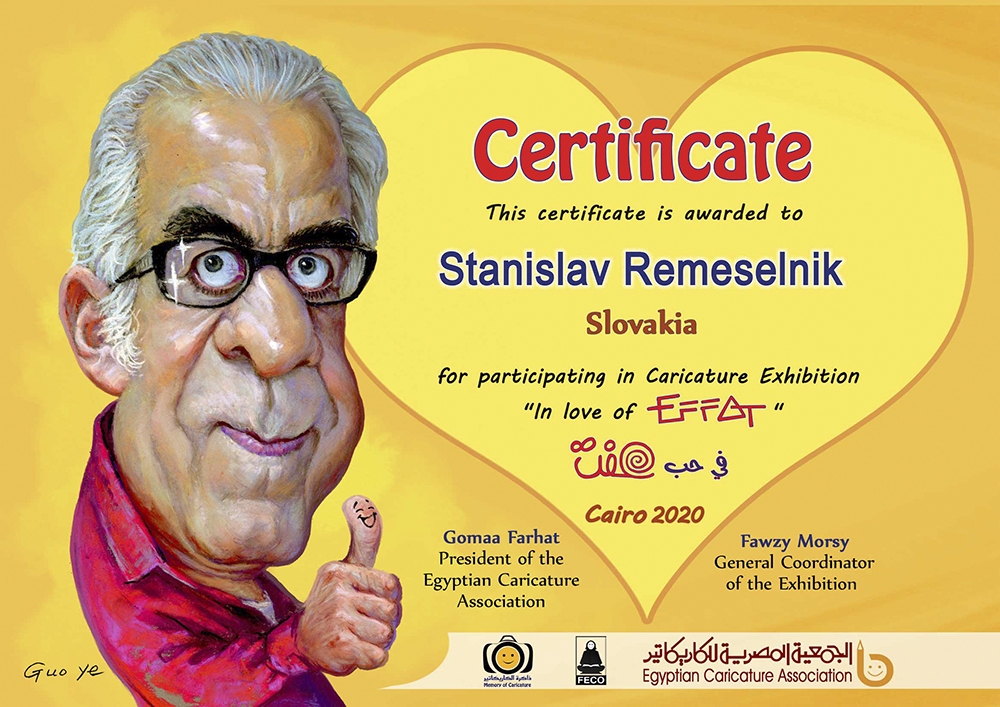 Certifikát výstavy v Egypte za karikatúru EFFAT, 2020 (foto: archív Stanislav Remeselník)