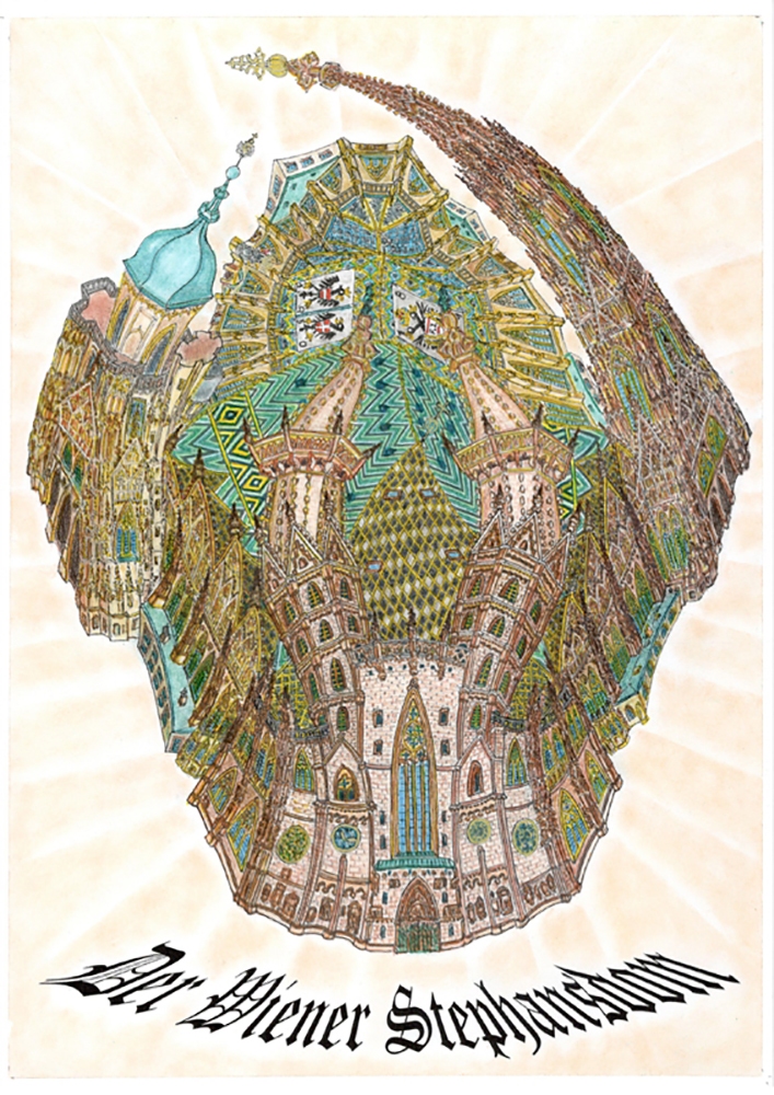 Viedeň – Stephansdom, 2016, farebná kresba – pero a suchý pastel na papieri (foto: archív Stanislav Remeselník)