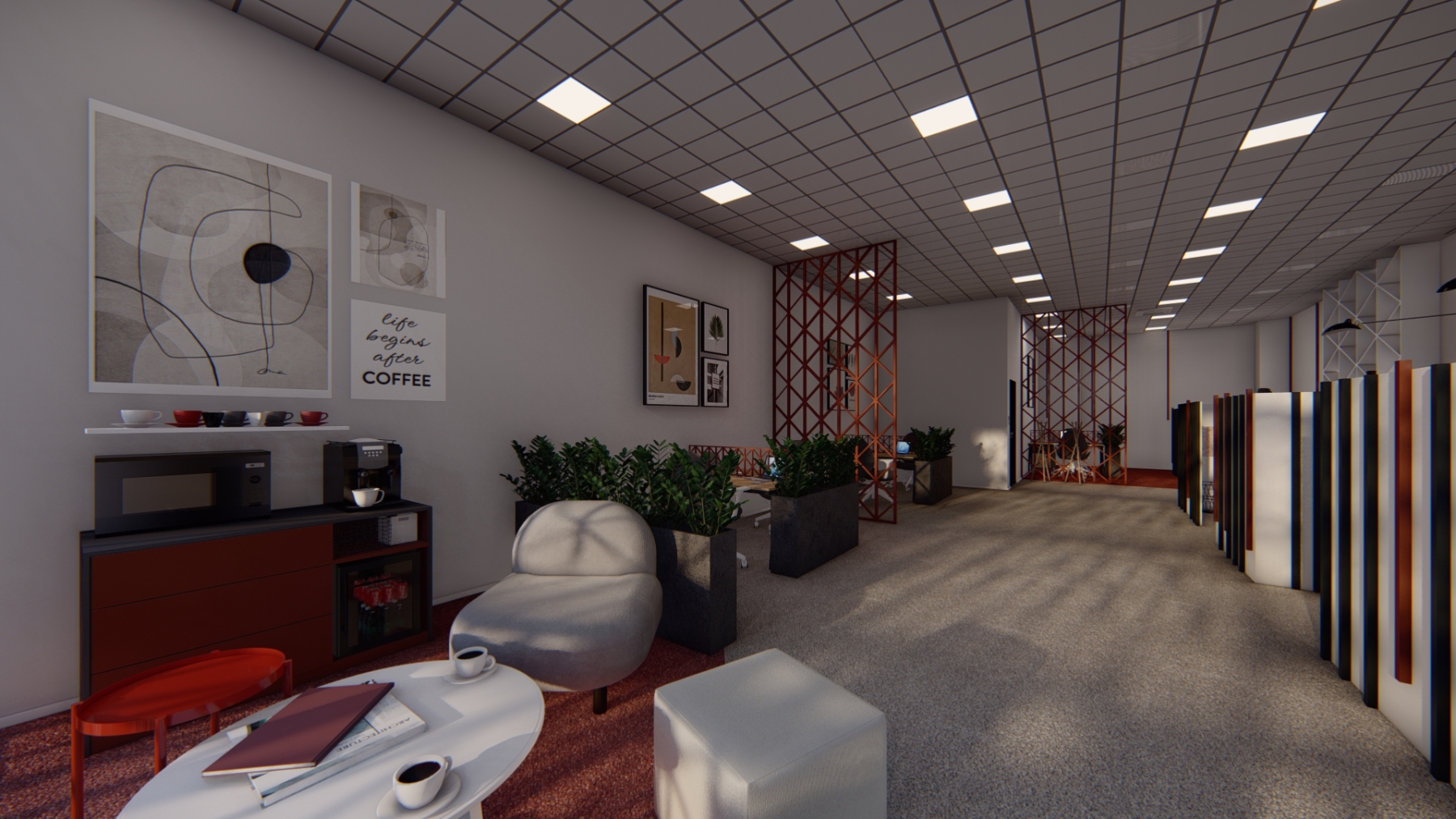Vizualizácia – Kancelárie v novej budove STK, 2022, Žilina (návrh vizualizácie: Tatiana Gajdošová – HOME UP DESIGN)