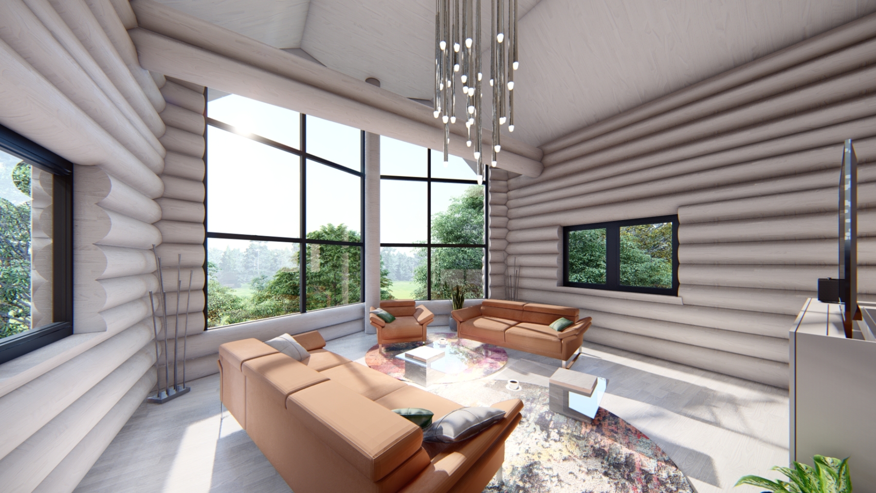 Návrh interiéru kanadského zrubu – pohľad do obývačky, 2021, Hrčava, Česko (návrh vizualizácie: Tatiana Gajdošová – HOME UP DESIGN)