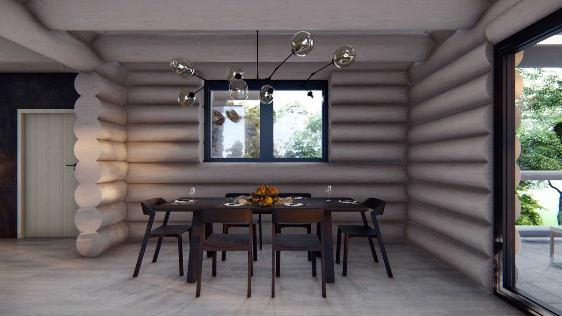 Návrh interiéru kanadského zrubu – pohľad do jedálne, 2021, Hrčava, Česko (návrh vizualizácie: Tatiana Gajdošová – HOME UP DESIGN)