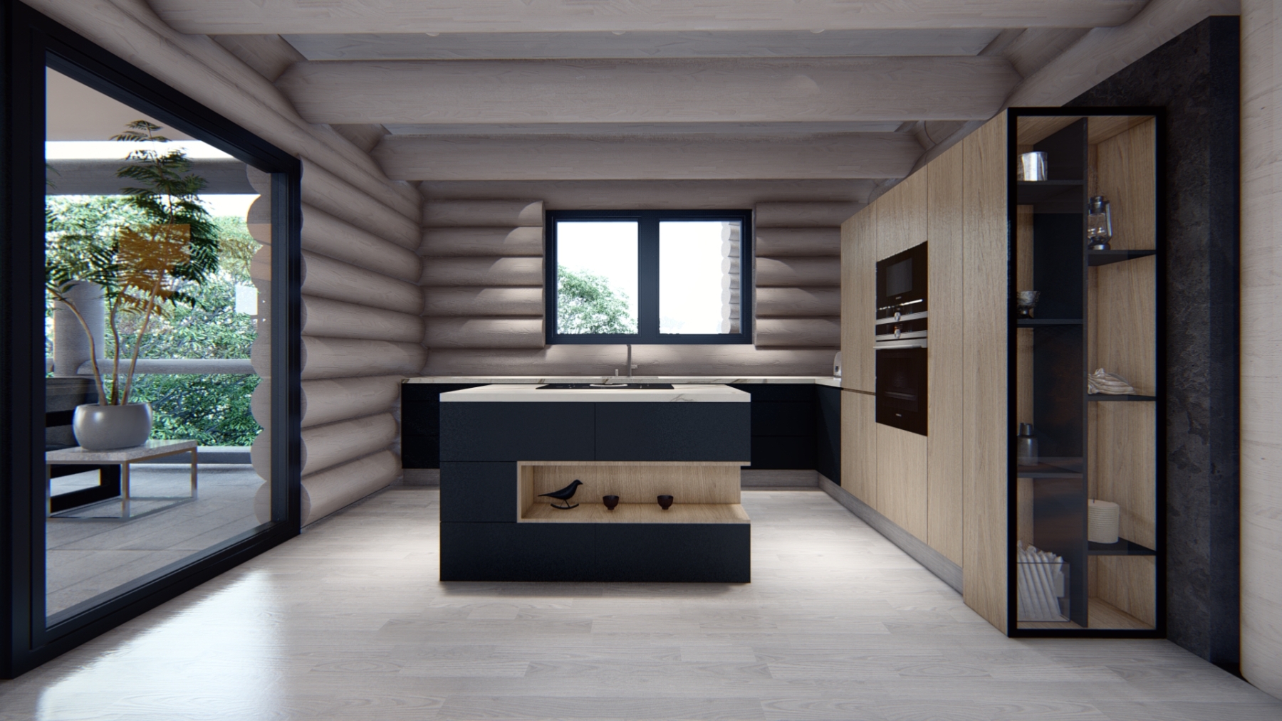 Návrh interiéru kanadského zrubu – pohľad do kuchyne, 2021, Hrčava, Česko (návrh vizualizácie: Tatiana Gajdošová – HOME UP DESIGN)