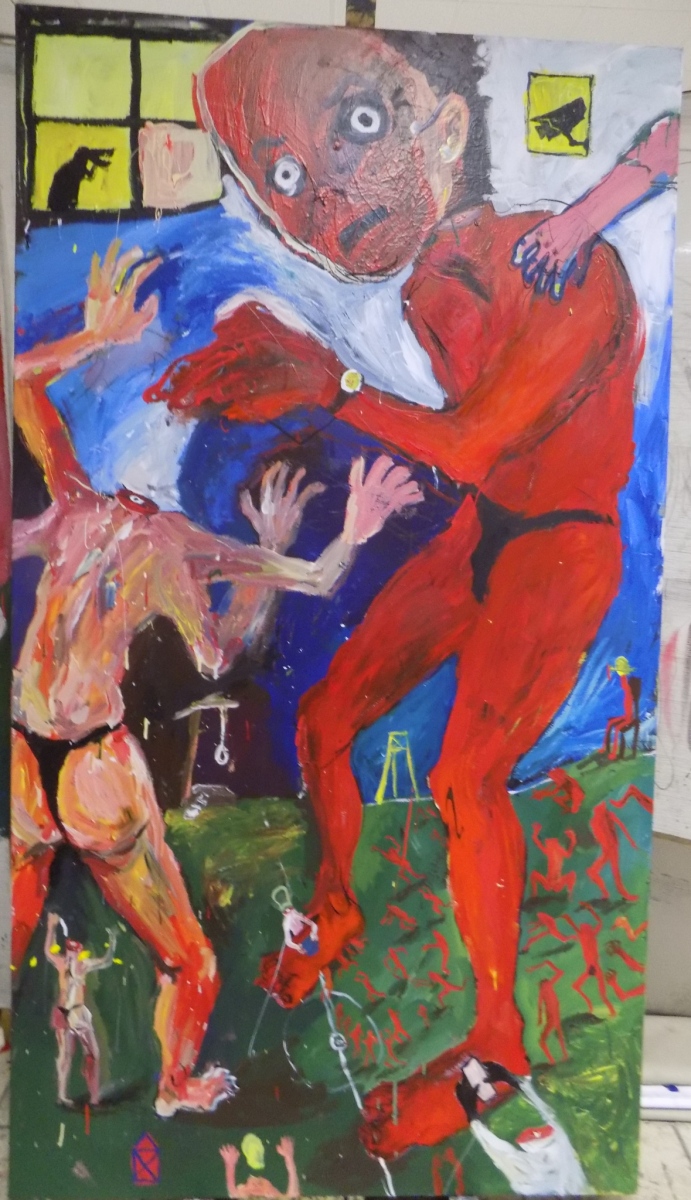 Viac hláv, viac rozumu, 2018, akryl a olej na plátne 200x110cm (foto: archív Michaela Thanová)