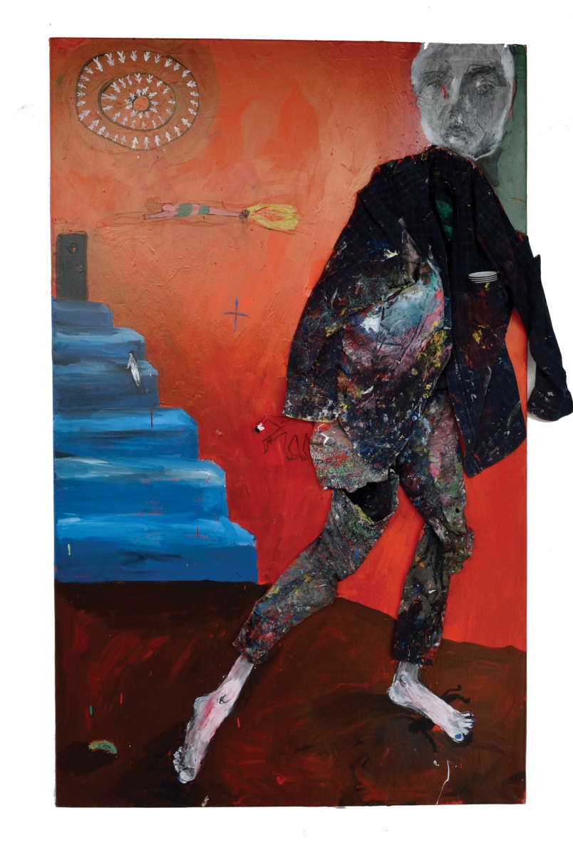 Útek, 2016, asambláž, akryl na plátne 200x120cm (foto: archív Michaela Thanová)