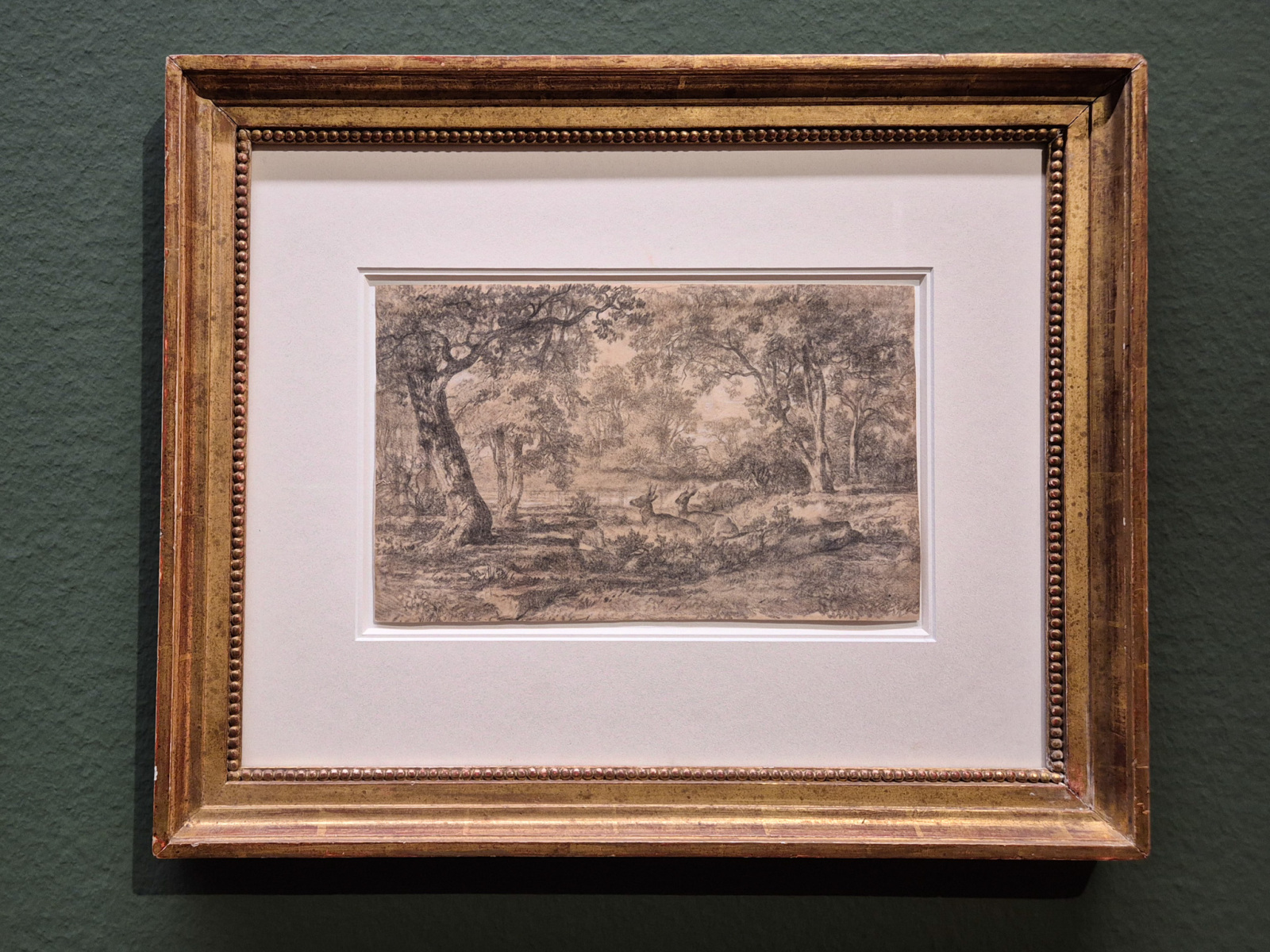 Gustave Courbet: Krajina s vysokými stromami, laňou a srncom, okolo 1858, čierna krieda s akcentami bielej kriedy na papieri (foto: KUNSTARTUM)