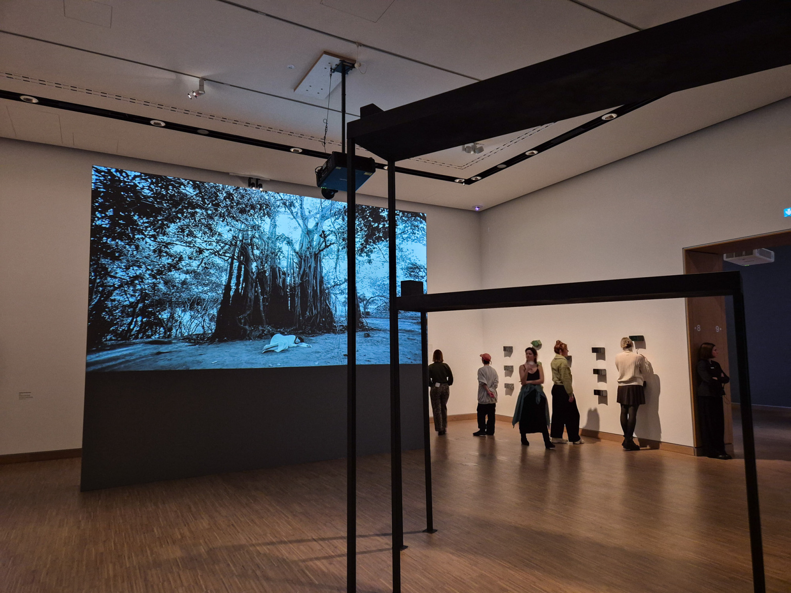V popredí vpravo: Marina Abramović: Bed for Aphrodite and Her Lovers, 1991, objekty – železo. Vľavo: Marina Abramović: Sleeping Under the Banyan Tree, 2010, performance pre video; čiernobiele video bez zvuku, 56 minút, 43 sekúnd. V pozadí, na stene, vpravo: Marina Abramović :Black Dragon, 1990, objekty – snehové vločky obsidiánu, chryzokolu, modrého kremeňa, hematitu a zeleného kremeňa. (foto: KUNSTARTUM)