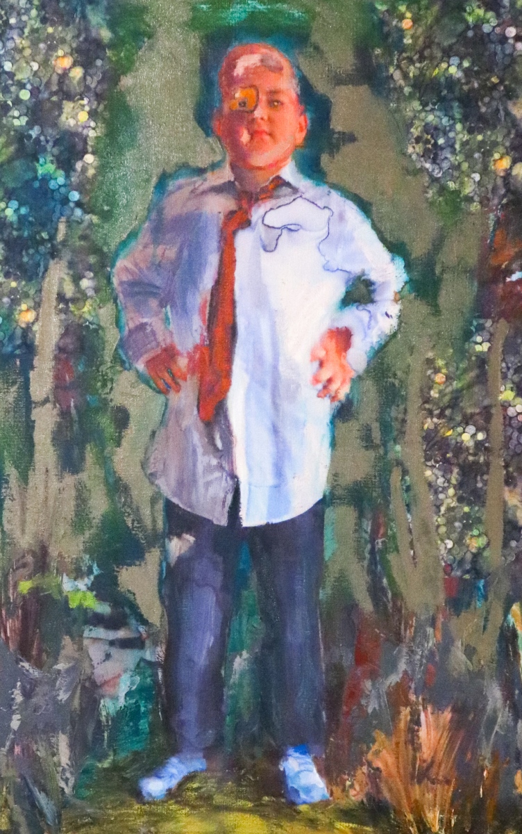 Peter Decheť, Politik 01, 2020, olej na plátne/ maľba na printe (fotografií), 95x60 cm, z cyklu Powered by Power (foto: KUNSTARTUM)