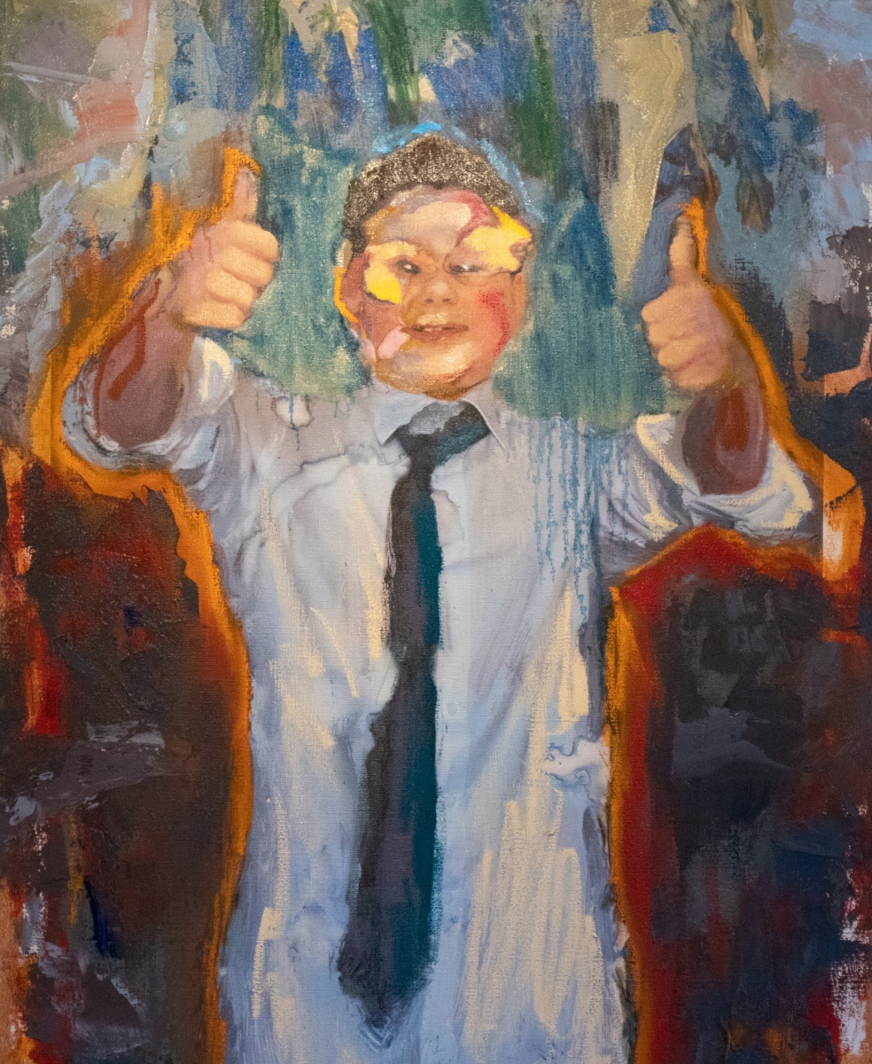 Peter Decheť, Politik 03, 2020, olej na plátne/ maľba na printe (fotografií), 85x70 cm, z cyklu Powered by Power (foto: KUNSTARTUM)