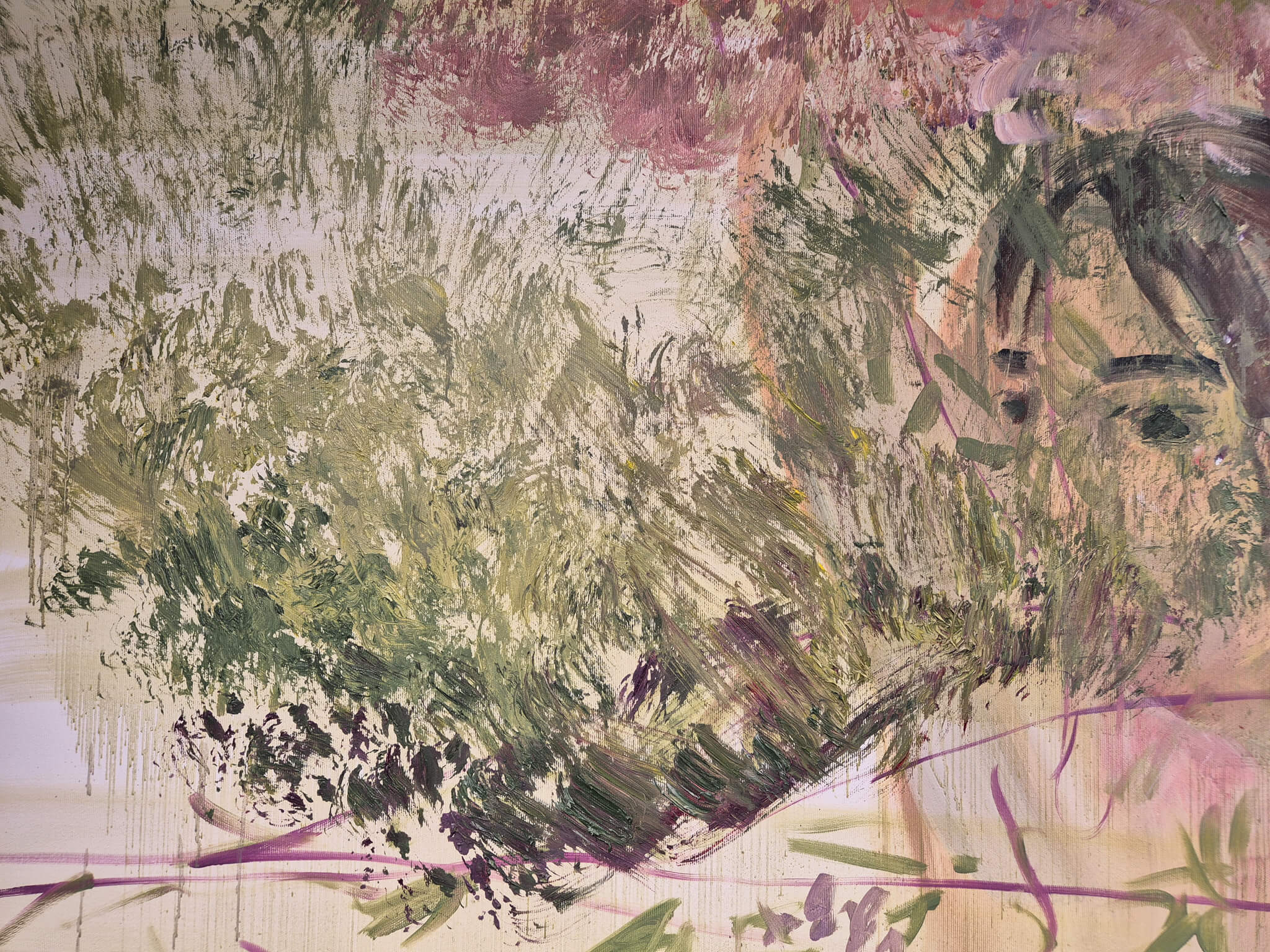 Jana Farmanová: Liečenie jarou, 2026, olej na plátne, 200x240 cm – detail 